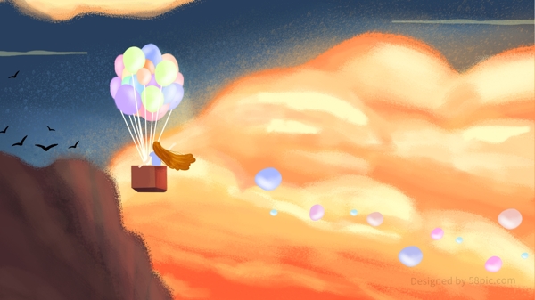 原创晚安你好天空云朵中的热气球商业插画