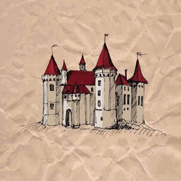 复古手绘城堡建筑插画