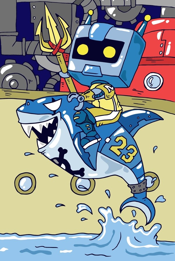 潮漫插画大海鲨鱼机器人叉子船邮轮游泳齿轮
