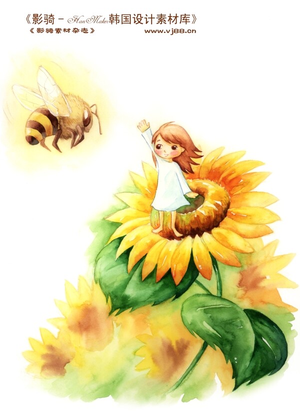 HanMaker韩国设计素材库背景卡通漫画淡彩儿童女孩花蜜蜂