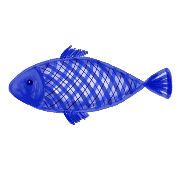 蓝色格子水彩线条鱼装饰图案