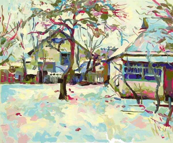 冬天雪地房屋风景油画