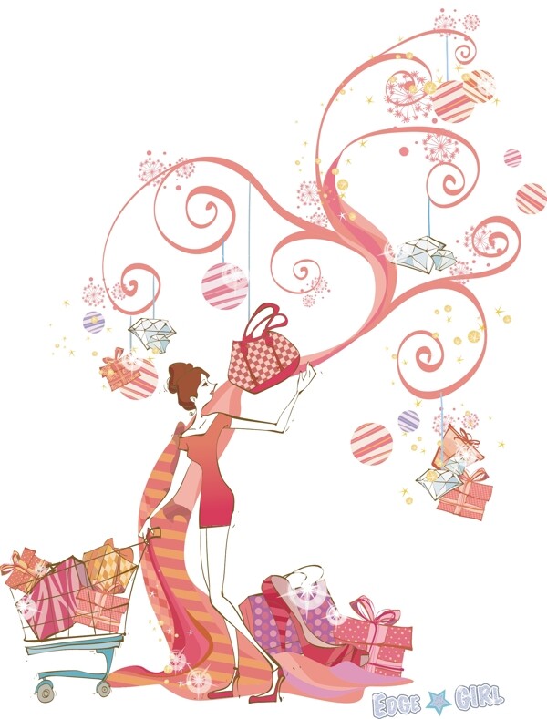 矢量时尚女孩插画素材粉红购物