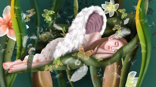 小清新晚安世界治愈系天使翅膀睡觉植物羽毛