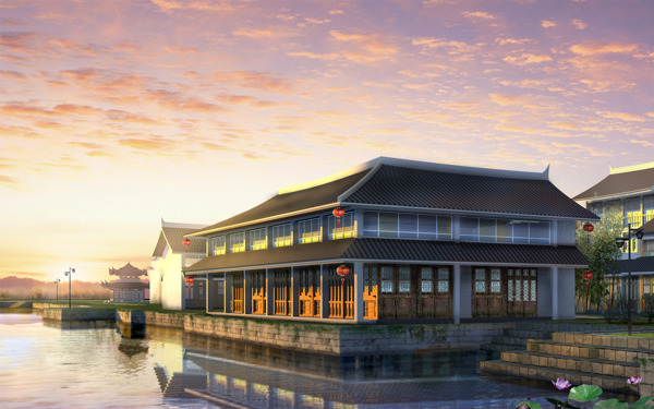 夕阳水传统风格餐馆建筑岸楼台设计效果图