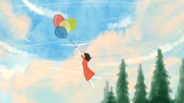 气球环游天空云彩少女手绘插画