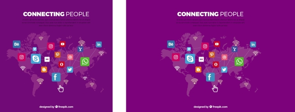 紫色背景与世界地图和社会网络图标