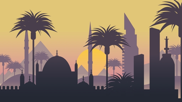 沙漠黄昏夕阳下神秘埃及开罗城市地标剪影