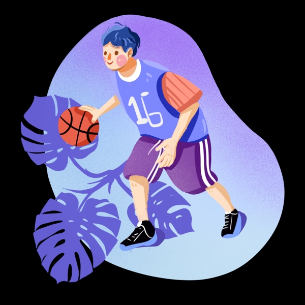 打篮球的运动男孩手绘卡通插画png免抠素材