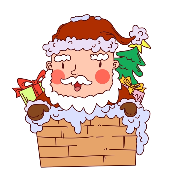 手绘烟囱上飘出的圣诞老人