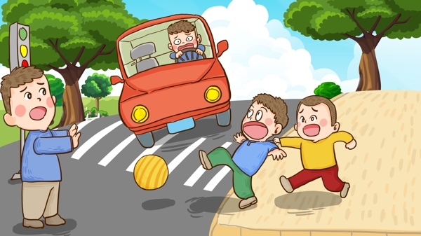全国交通安全日禁止在马路玩耍手绘原创插画