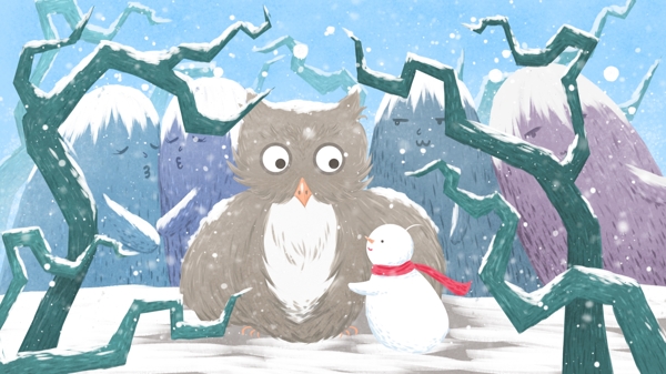 山物记插画冬天山林雪地里拥抱猫头鹰的雪人