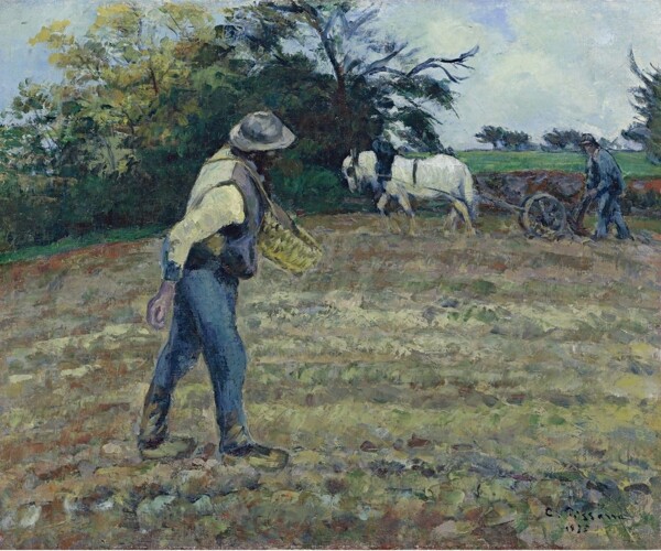 CamillePissarroTheSowerandthePloughmanMontfoucault1875画家风景画静物油画建筑油画装饰画