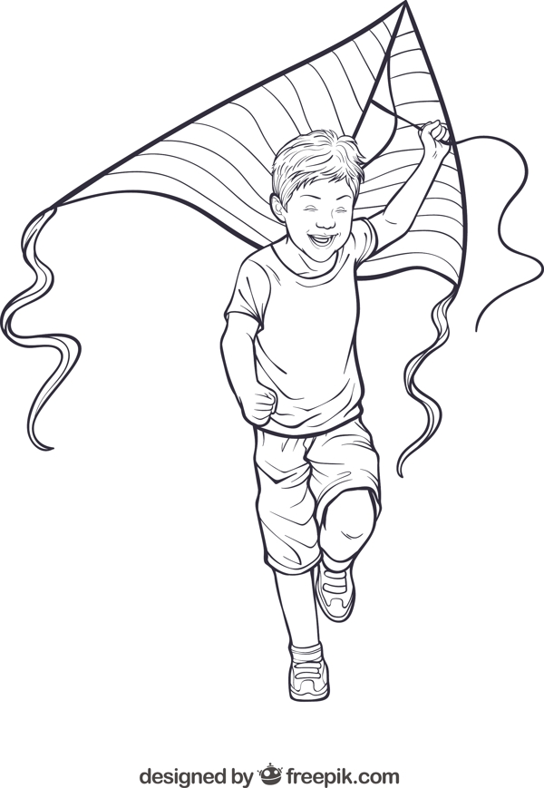 微笑的男孩在玩他的风筝
