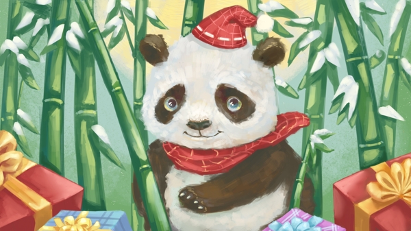 萌宠熊猫写实肌理厚涂礼油画风格礼物插画