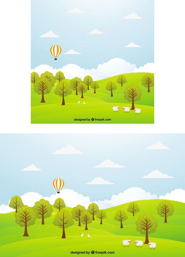带树木和热气球的草甸景观背景
