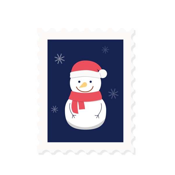 卡通圣诞邮票雪人帽子围巾可爱扁平设计元素