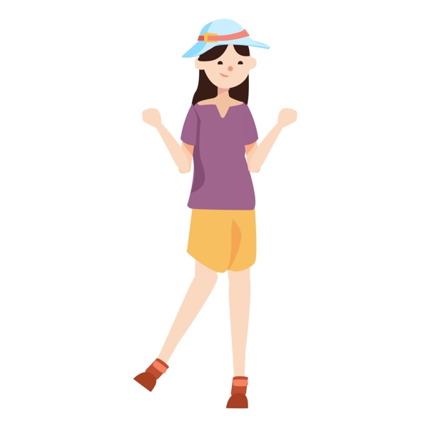 小女孩紫色上衣手绘休闲度假欢快动作草帽透明背景