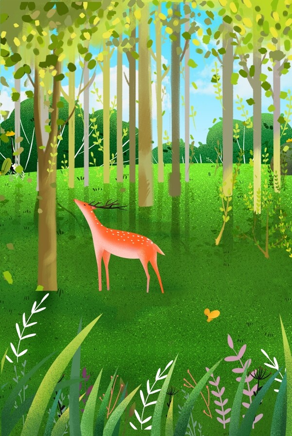 清新手绘树林中的鹿