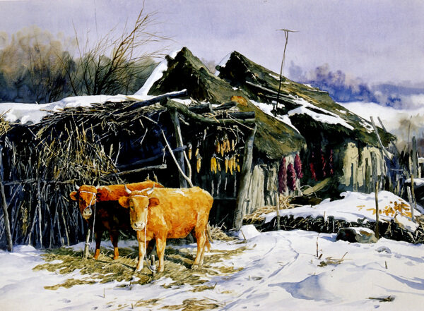 油画冬天雪景图片