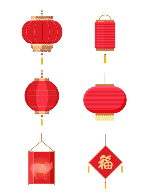 中国风喜庆过年春节红灯笼扁平矢量素材套图