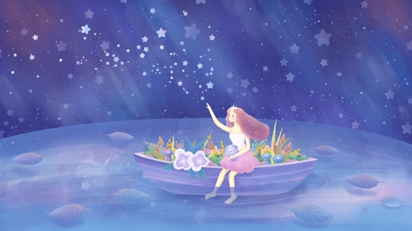 小船上的花朵和小女孩蓝色卡通背景
