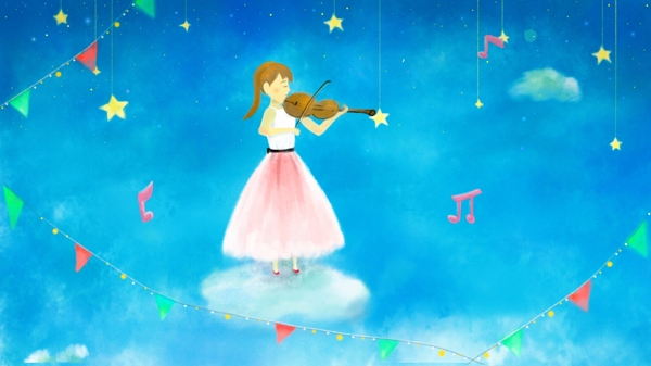 手绘水彩天空云朵小提琴音乐演奏