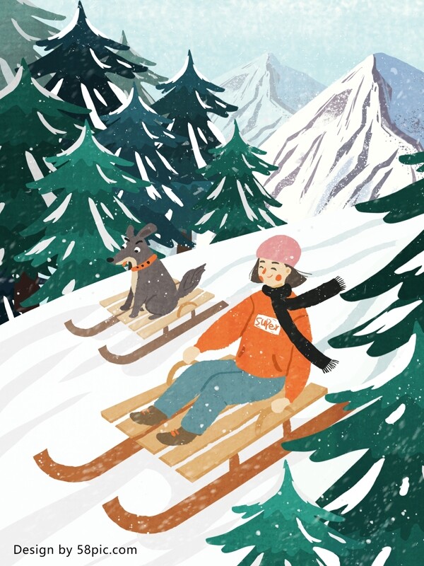 冬天你好大爱冬季开心滑雪原创手绘插画