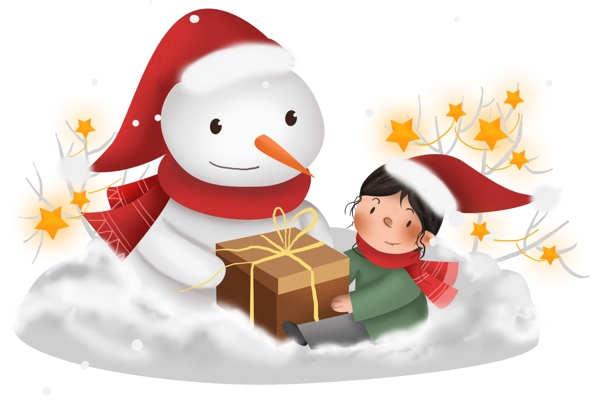 圣诞节拆礼物的雪人和儿童