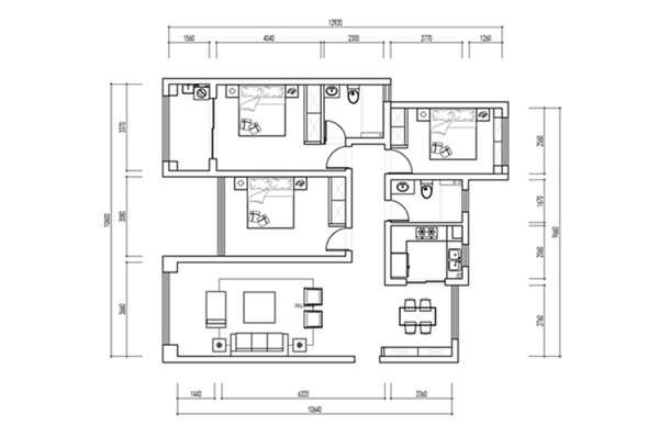 三房住宅室内CAD平面方案