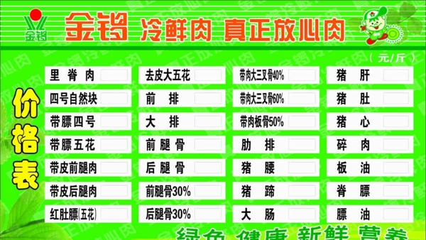 金锣冷鲜肉价格牌价格表