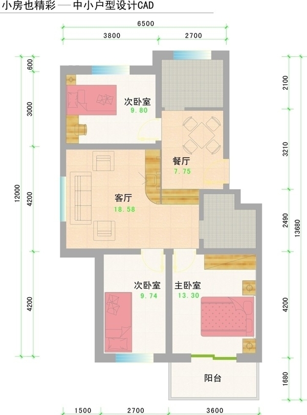 CAD三房二厅平面图图片