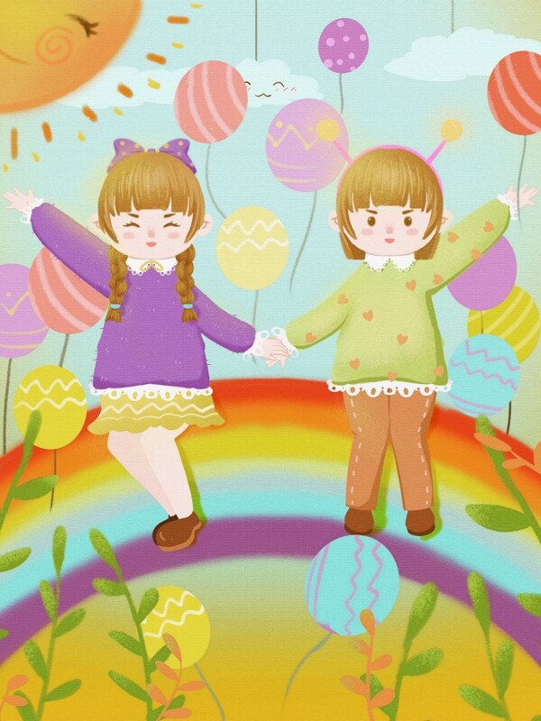 彩色儿童节可爱女孩彩色气球欢乐插画