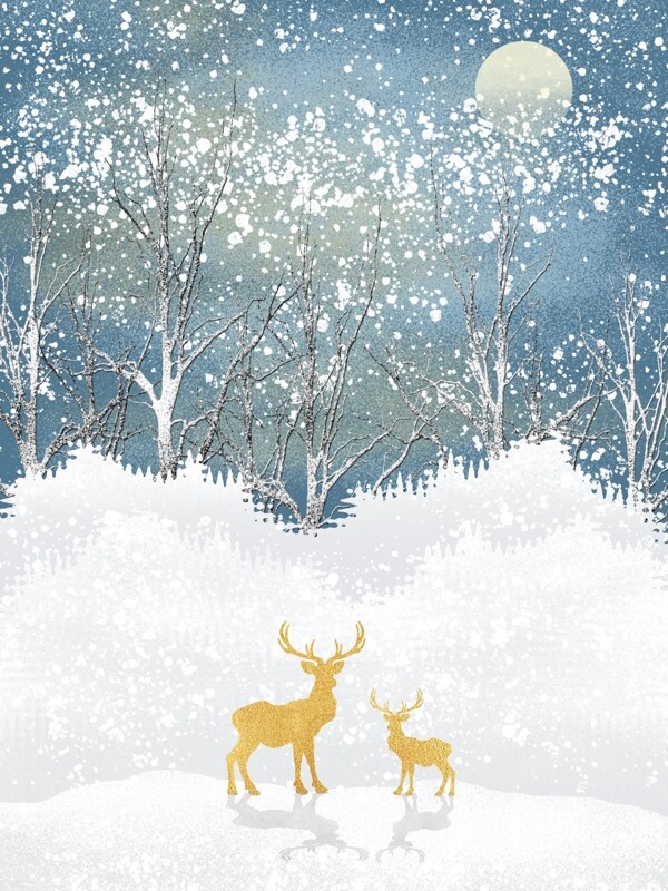 浪漫夜晚丛林飘雪对鹿装饰画