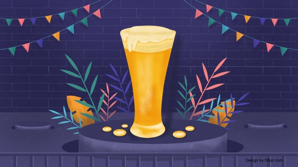 清新夏季啤酒节啤酒冰饮插画