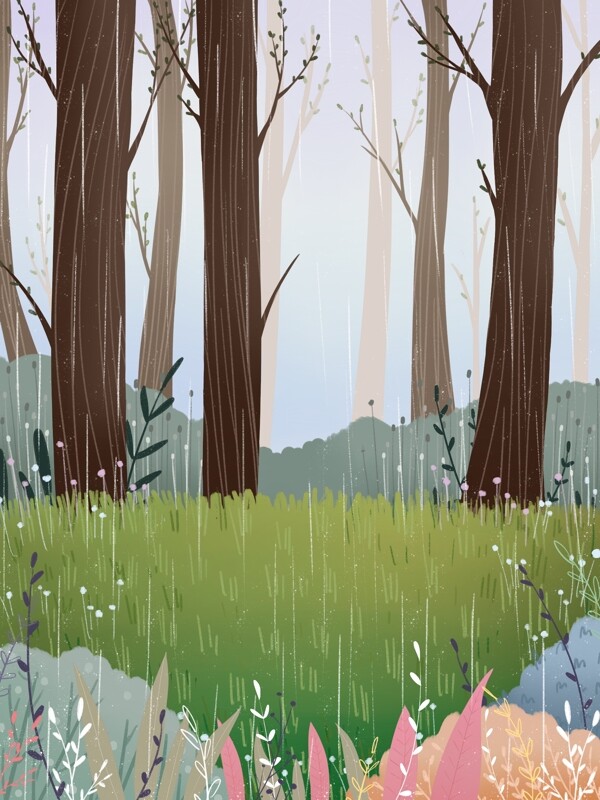 雨季治愈系植物树林插画背景