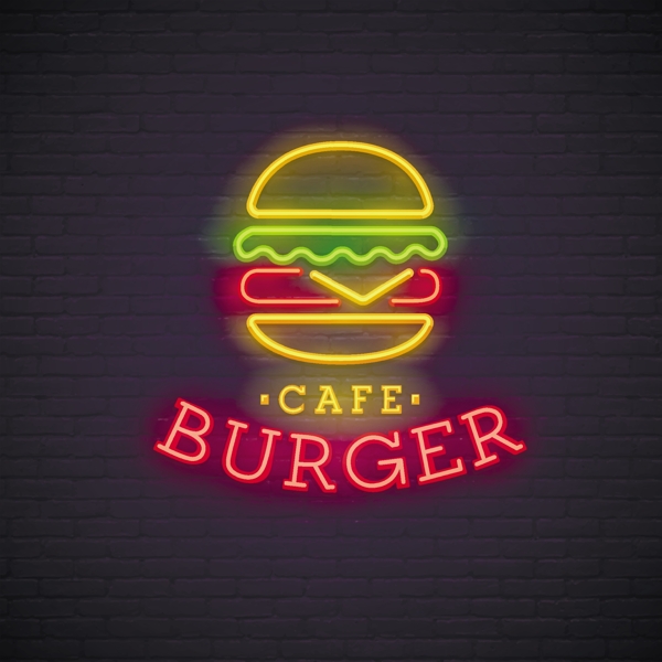 汉堡店发光霓虹灯logo图标