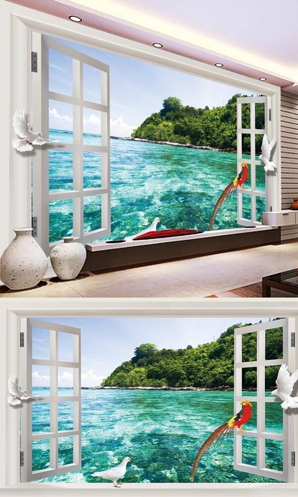 窗外海洋碧波景色背景墙