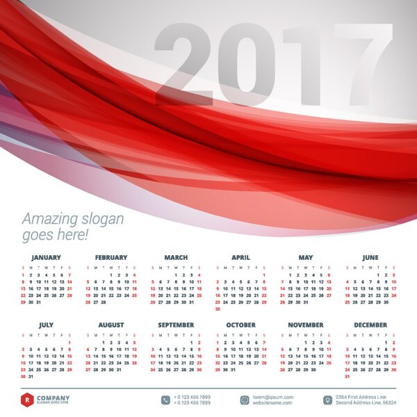 红色线条2017年日历表图片