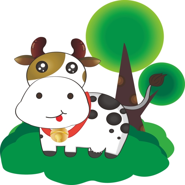 手绘简笔画动物奶牛植物树木装饰可商用元素