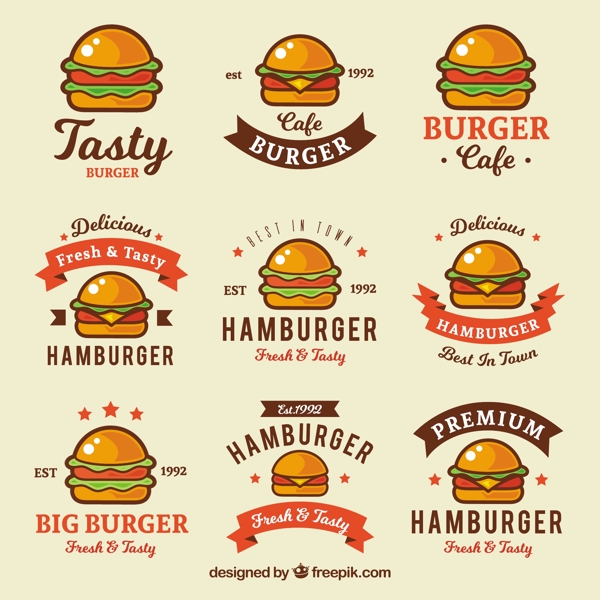 各种彩色汉堡平面标志图标