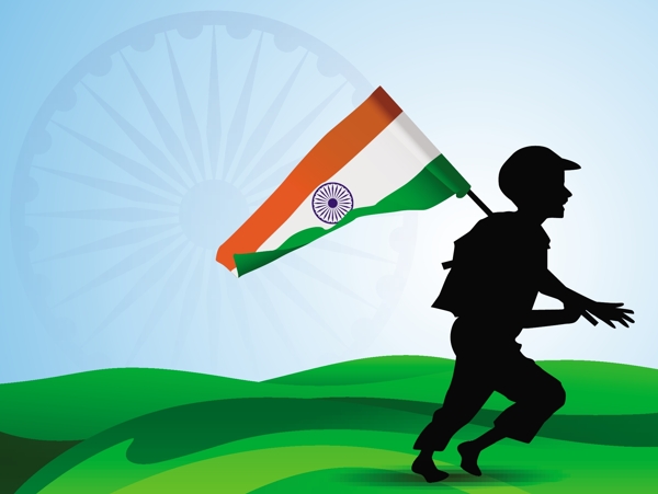 摘要背景与印度国旗的士兵和运行旗剪影