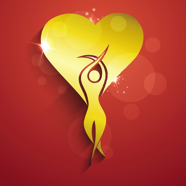 三八妇女节贺卡或海报与金色的心脏形状的红色背景上的一个女人插画设计