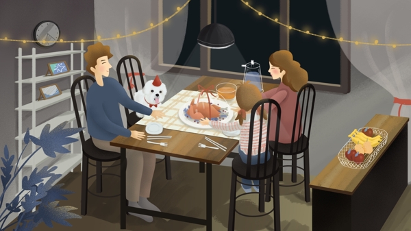 原创手绘插画感恩节一家人居家吃火鸡