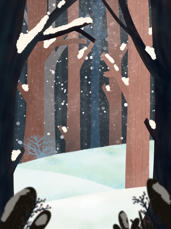 手绘冬天雪地树林背景素材