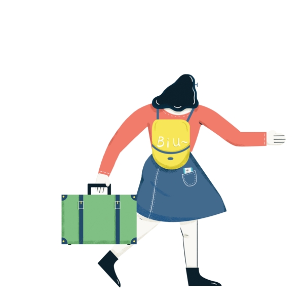 扁平化拿着行李箱去旅行的女孩子