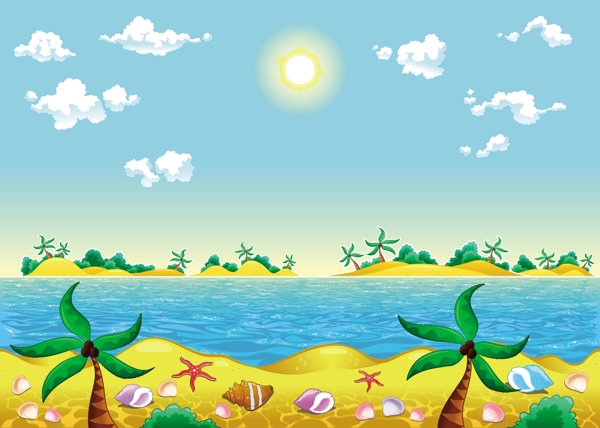 卡通海滩椰树风景插画