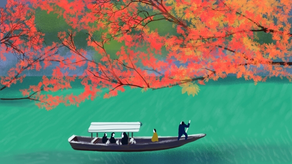 节气秋分红枫叶绿水青山自然手绘插画