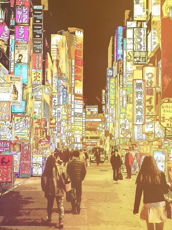 手绘风格日本小吃街夜市背景