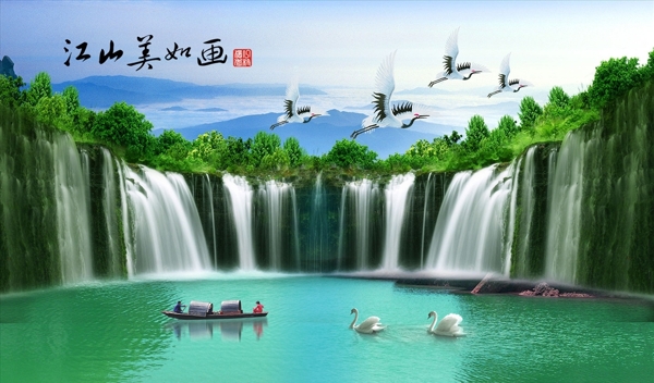 山水画瀑布鹤背景墙图片